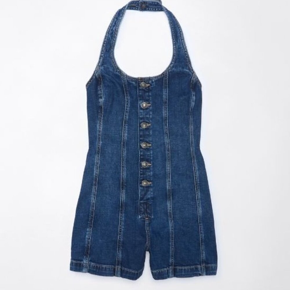 American Eagle Denim Button Down Halter Jumpsuit Romper